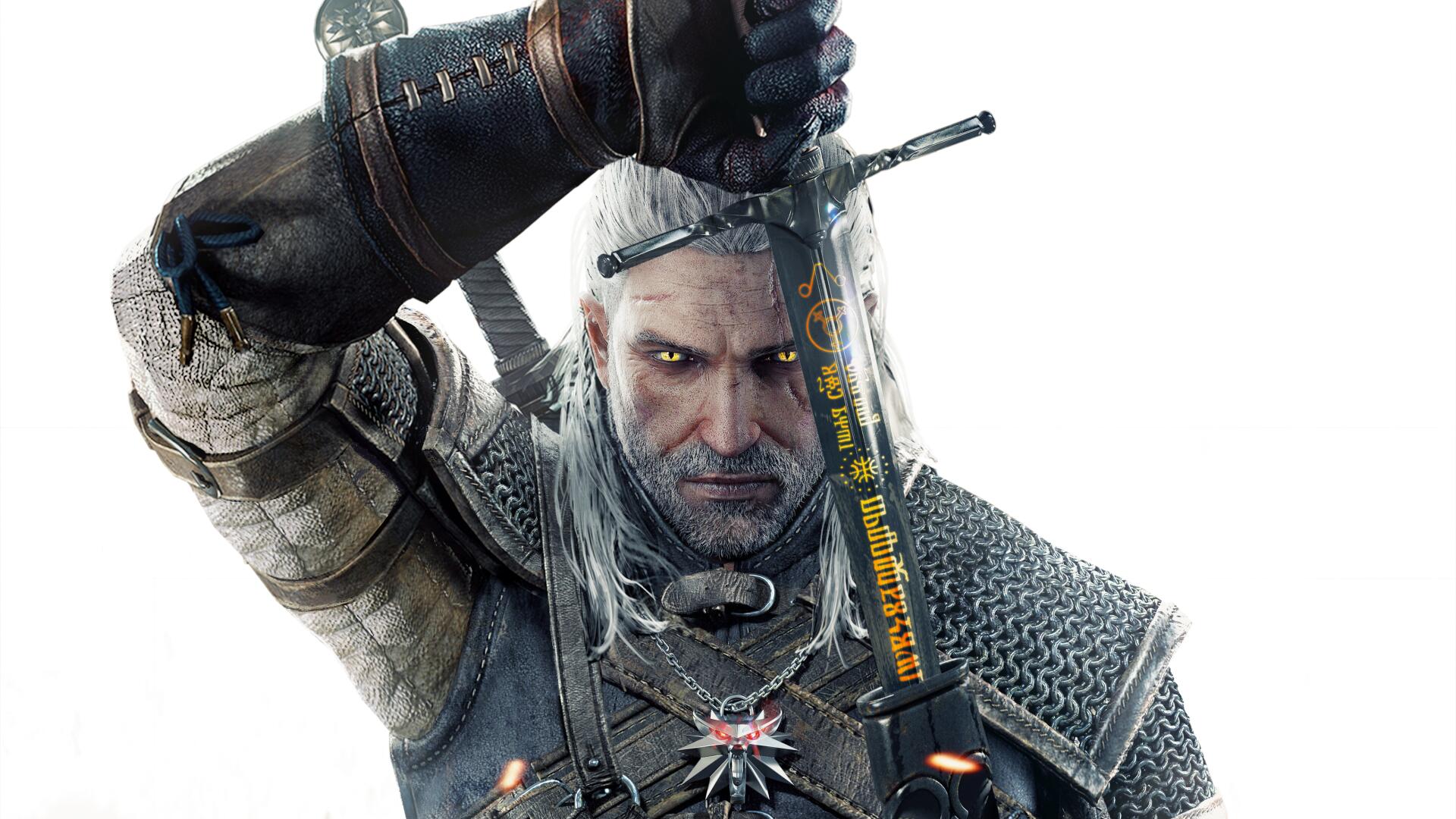 Geralt unsheathing a sword crafted from a Witcher 3 diagram