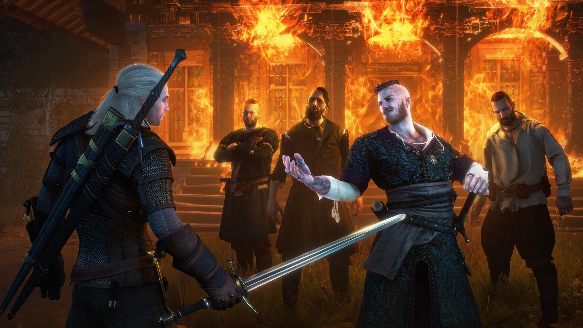 A fight outside a burning house in The Witcher 3