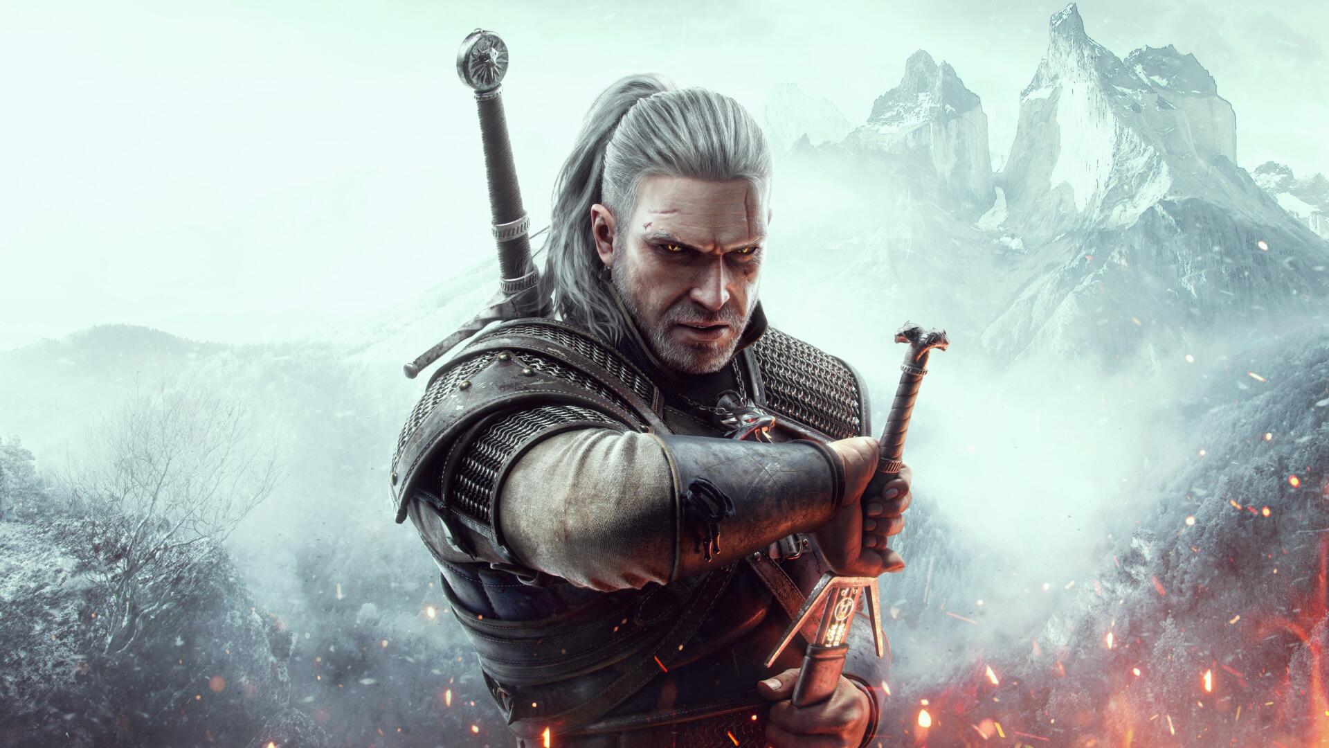 Geralt drawing a sword in the mountains, where Witcher 3 crafting components are mined