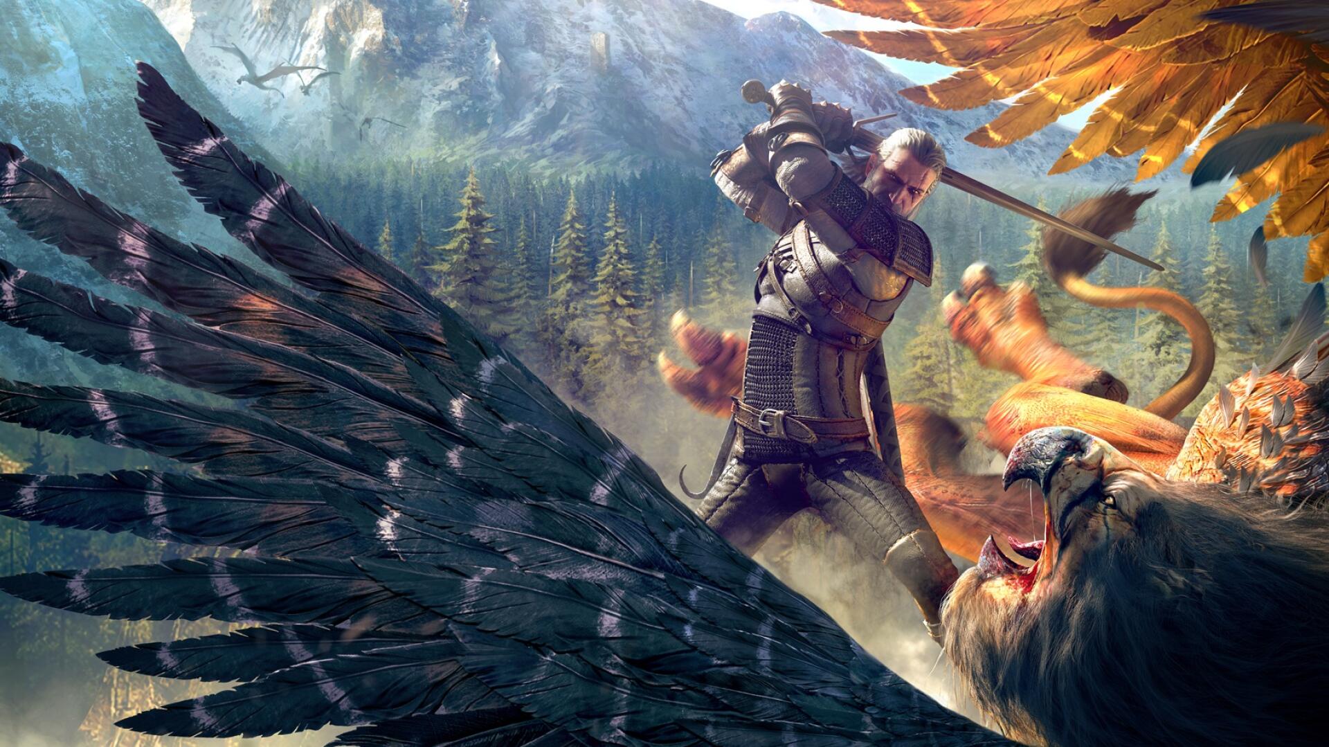 Geralt striking down a griffin, a Witcher 3 contract monster that leaves a trophy