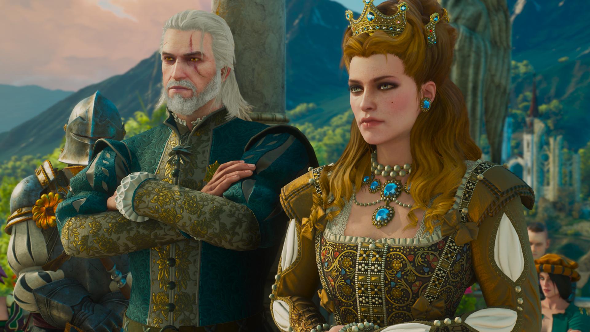 Geralt and Anna Henrietta in Toussaint, where Witcher 3 armor dyes are sold