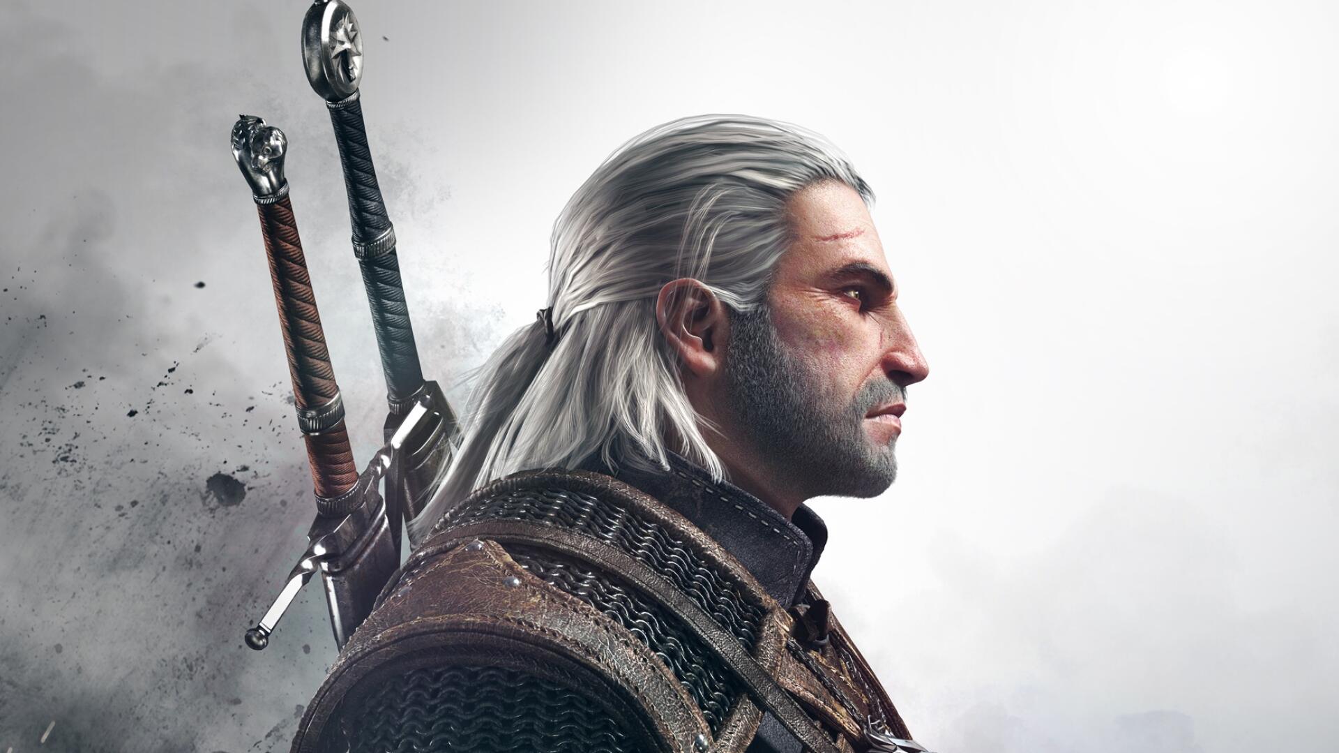 Geralt in Witcher 3 school gear with both swords on his back